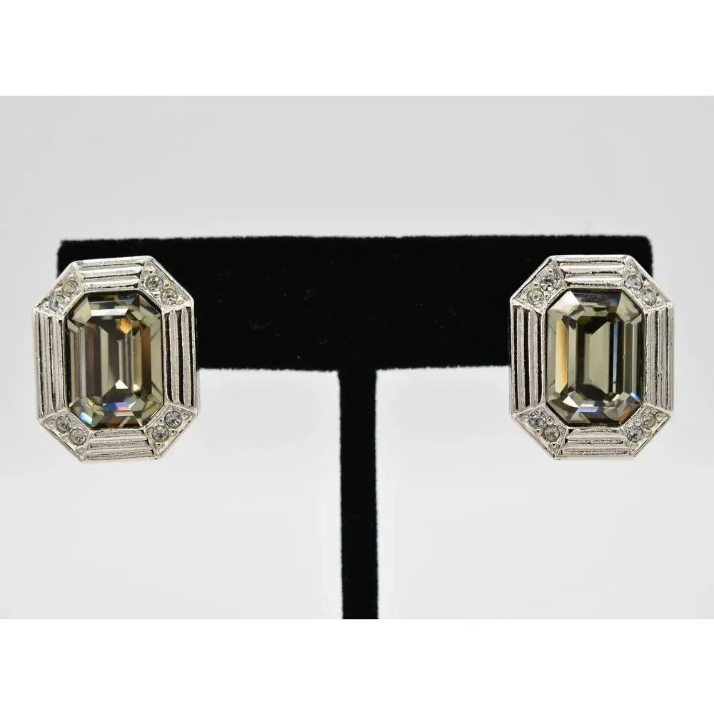 Vintage Crystal Clip On Earrings Chunky Baguette Gray Rhinestone Silver 1980s 9L